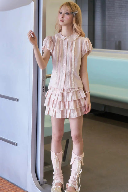 Peach Lace Doll Shirt + Tiered Skirt