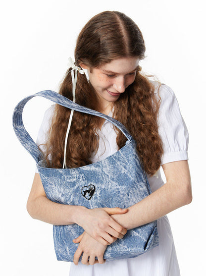 Sweet Cool Denim Print Soft Leather Shoulder Bag