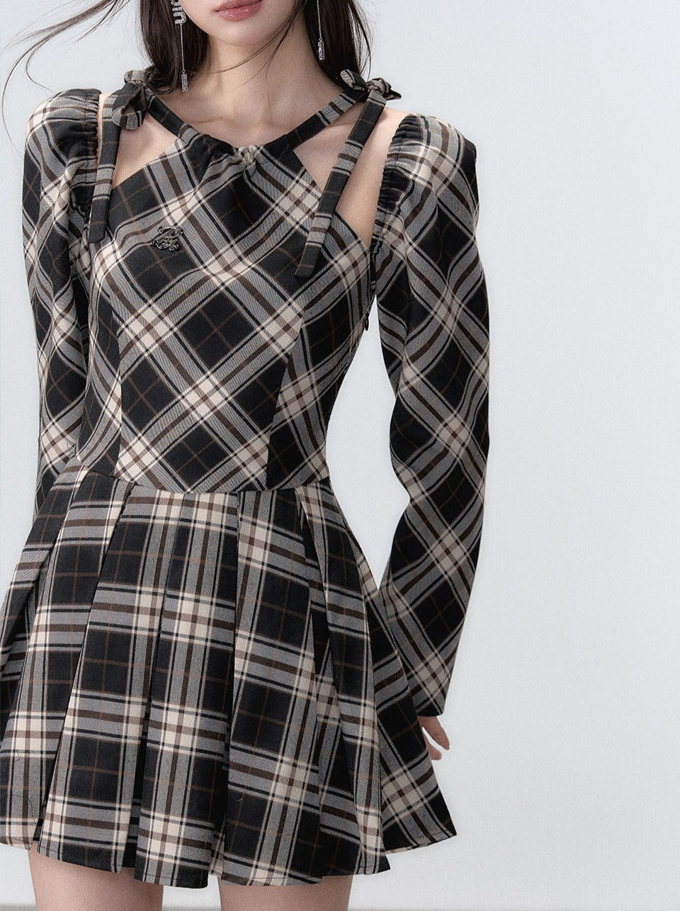 French Suspender Plaid Ribbon a Line Dress