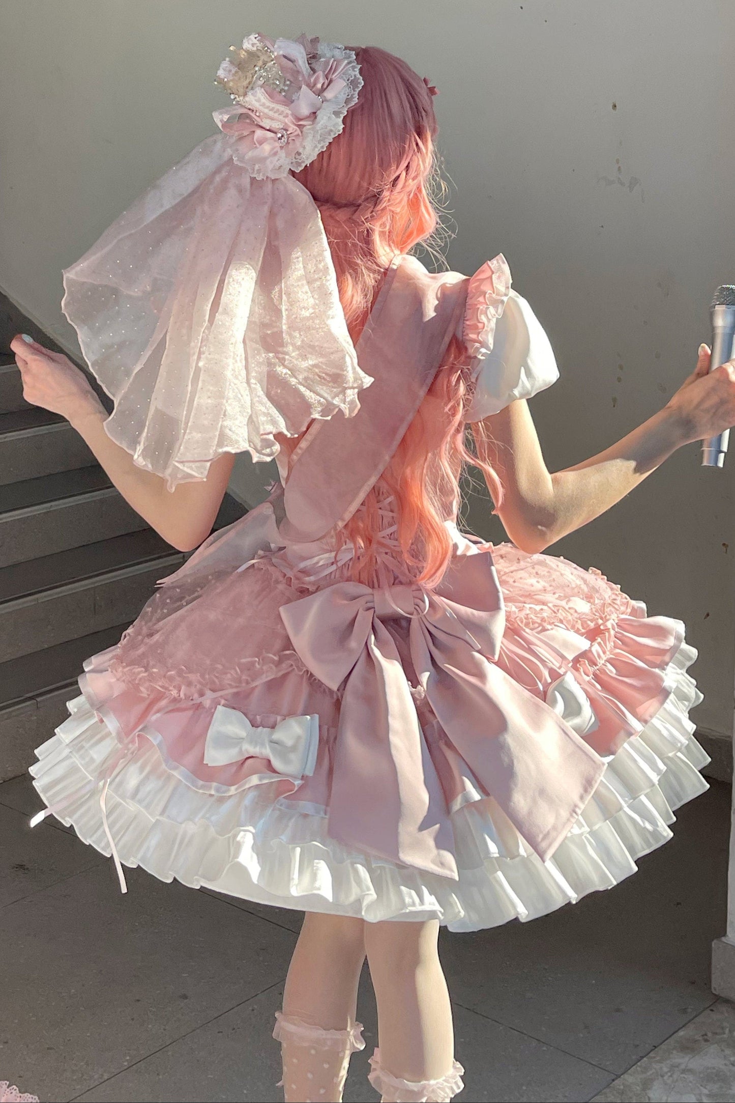 [order Deadline: May 12] Pink White Sweet Lolita Idol Ribbon Puff Sleeve Shirt + Corset Tulle Pull-up Jks Dress Set