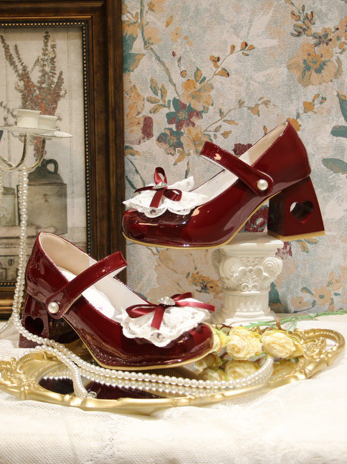 Lolita French Lace Ribbon Square Toe Love Heel Shoes