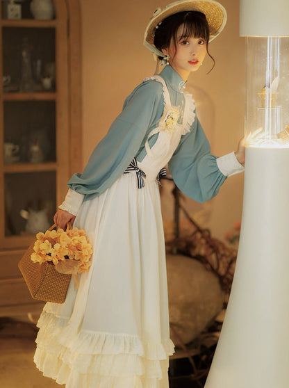 Stand Collar Double-breasted Coat Lace Apron Overskirt Set