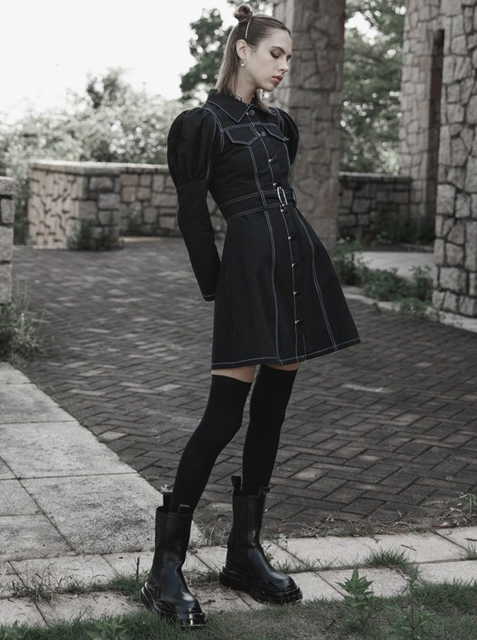 Double Pocket Waist Mark Denim Dress