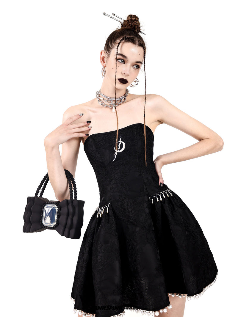 Electric Moon Dark Flower Embroidered Tube Top Pearl Dress