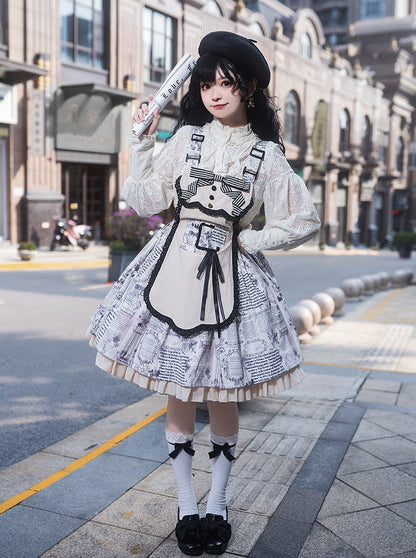 Retro Doll Apron Print Suspender Skirt Dress