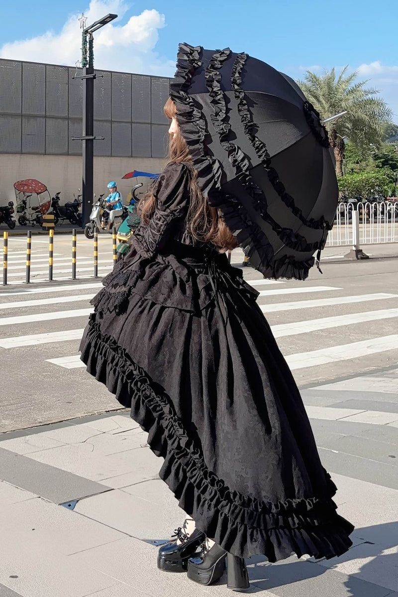 [pre-order Deadline: March 31] Cross Nocturne Gothic Dark Stripe Layered Top + Cross Rose Stripe Pull Up Skirt