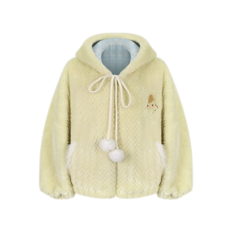 Custard Pudding Yellow Plush Jacket + Blue Plaid Tiered Skirt