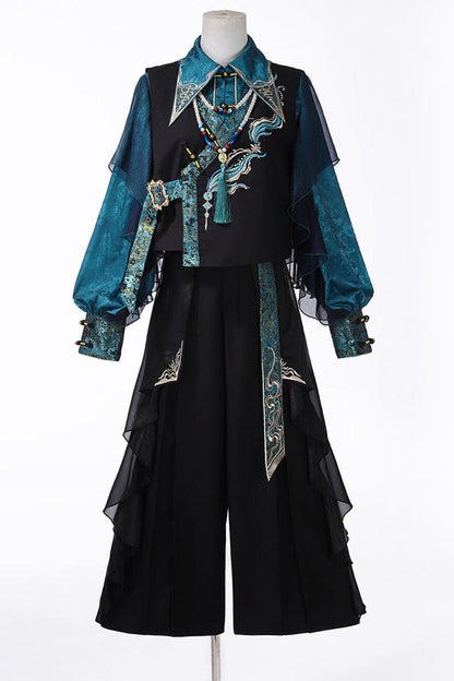 Ruan Chinese-style Top + Vest + Wide Leg Pants + Necklace