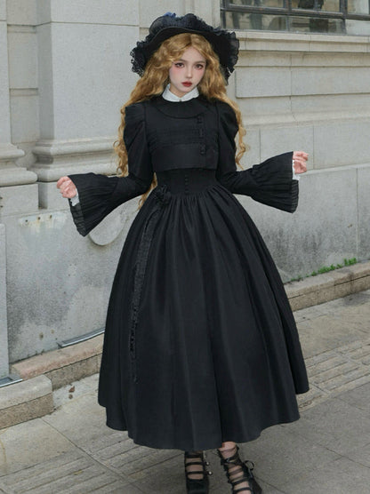 Night Traveler Classic Black Gothic Lace Jacket Dress + Ruffle White Blouse and Black Dress