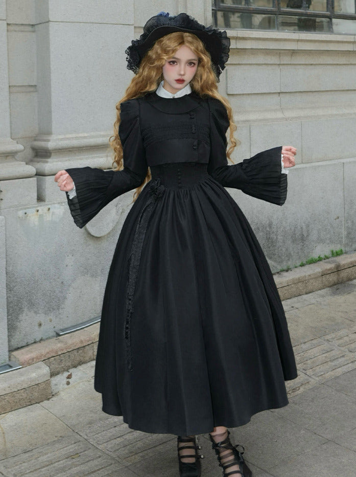 Night Traveler Classic Black Gothic Lace Jacket Dress + Ruffle White Blouse and Black Dress