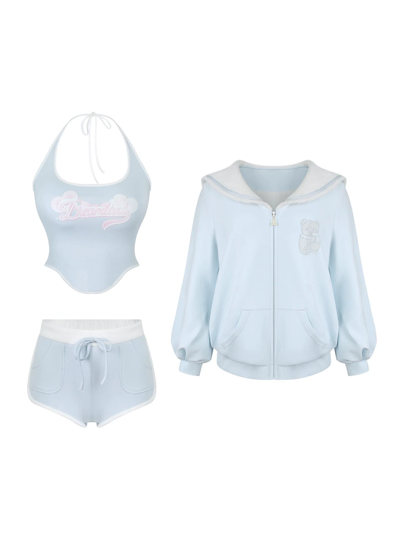 Milk Blue Sporty Hoodie + Halter Neck Suspender + Sports Shorts