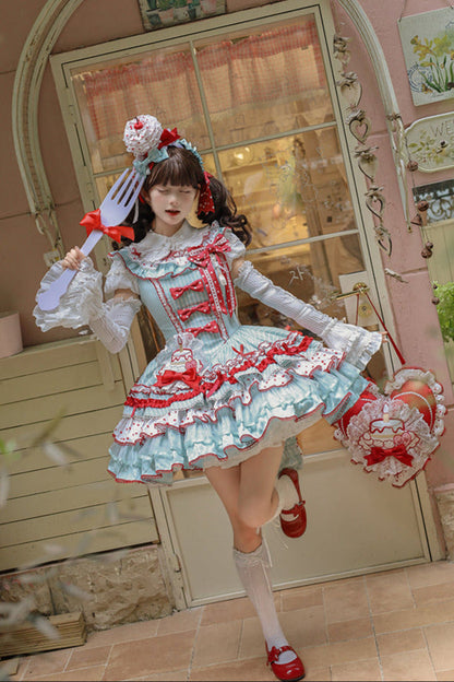 [pre-order Deadline: April 3] Twin Tiered Lolita Dot Ribbon Striped Dress + Flower Bud Skirt Dress