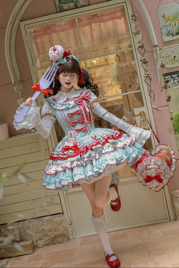 [pre-order Deadline: April 3] Twin Tiered Lolita Dot Ribbon Striped Dress + Flower Bud Skirt Dress