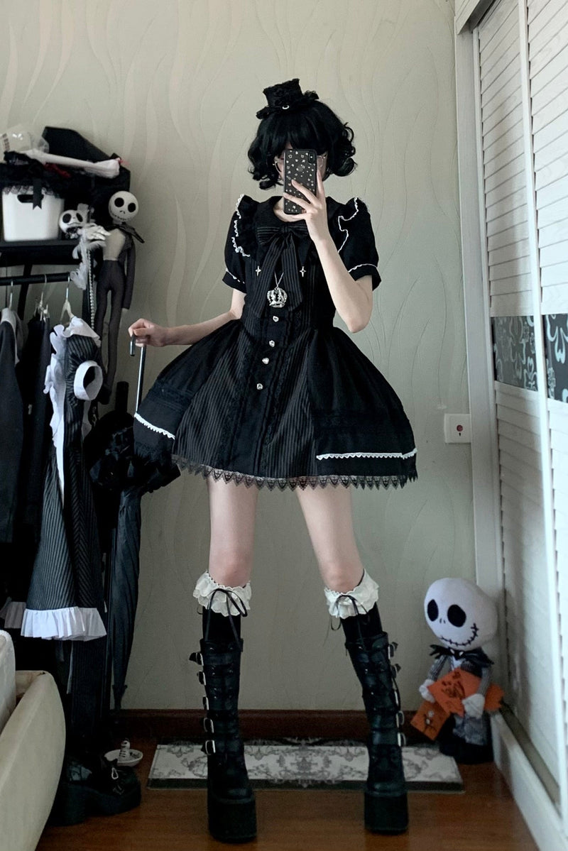 Gothic Doll Striped Lolita Dress + Sleeves