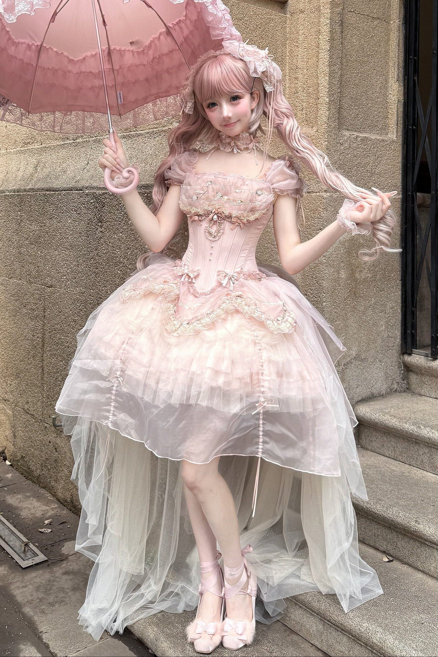 [pre-order Deadline: May 13] Pink Ballet Lolita Lace Ribbon Bustier Corset Top + Pull-up Tulle Tiered Skirt Set + Back Ribbon Train