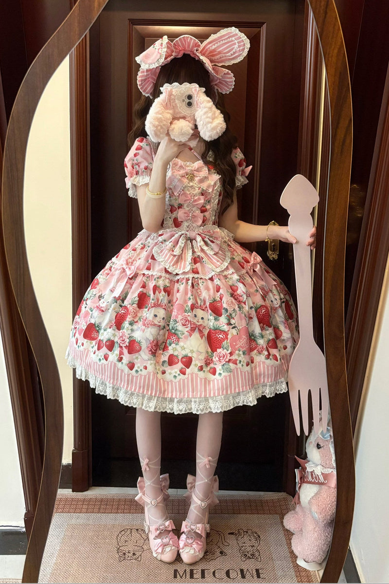 [pre-order Deadline: April 29] Strawberry Rabbit Print Lace Ribbon Sweet Dress + Complete Set