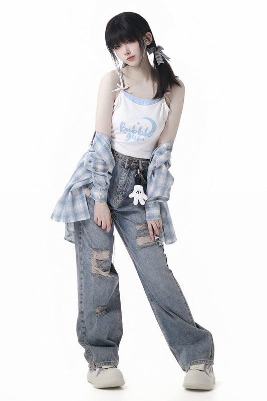 Plaid Shirt + Camisole + Denim Pants