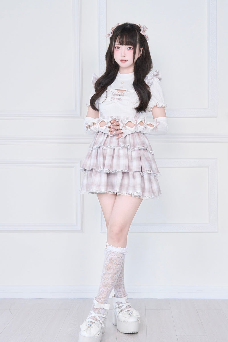 [pre-order] Knit Top With Ribbon Sleeves + Gothic Cross Lace Up Skirt