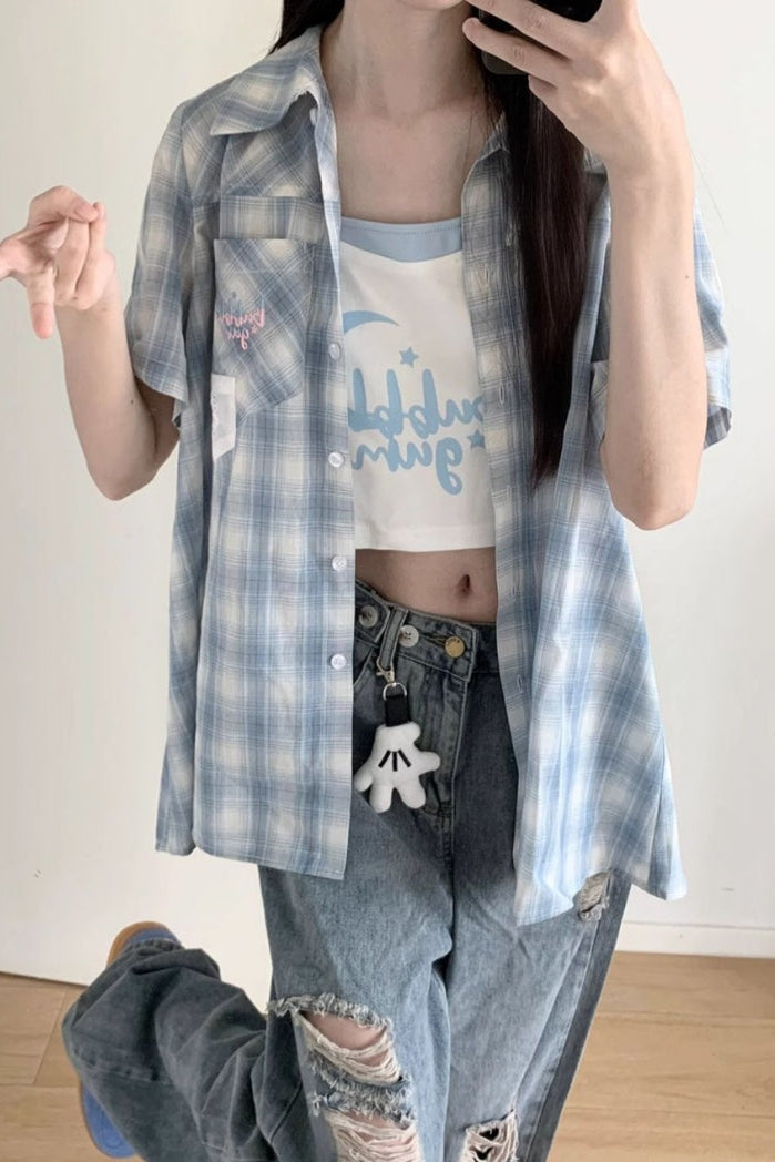 Plaid Shirt + Camisole + Denim Pants