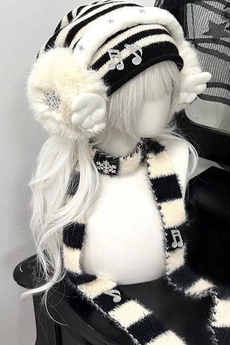 Striped Knit Hat + Ear Muffs + Scarf