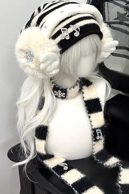 Striped Knit Hat + Ear Muffs + Scarf