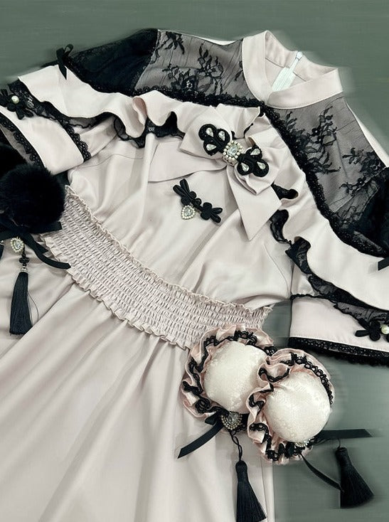 Chinese-style Lace Ribbon Off-shoulder Dress