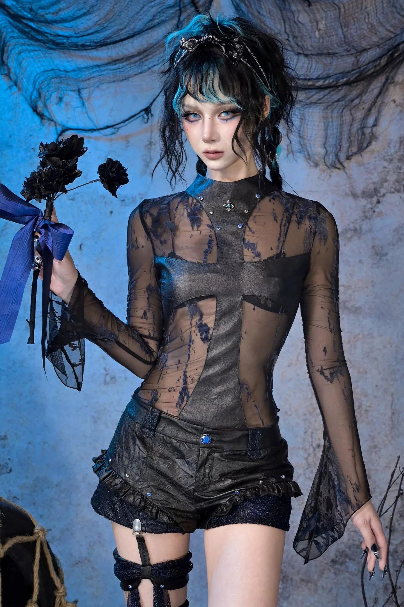 Dark Punk Cross Mesh Top