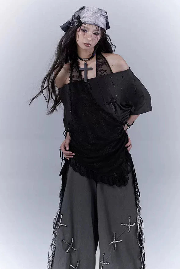 Sheer Off Shoulder Lace Halter Top