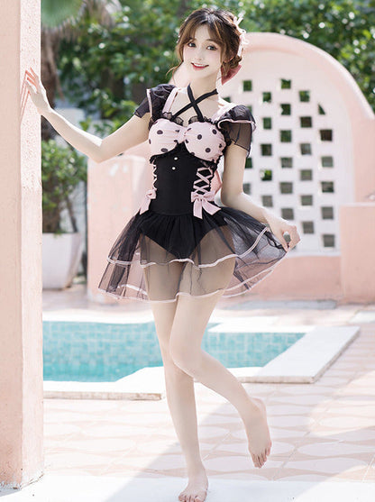 Dot Sheer Ruffle Lace Up Lolita Girly Dress Swimsuit