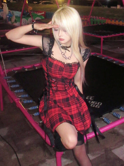 Y2k Black Red Hot Girl Lace Eyelets Suspender Dress