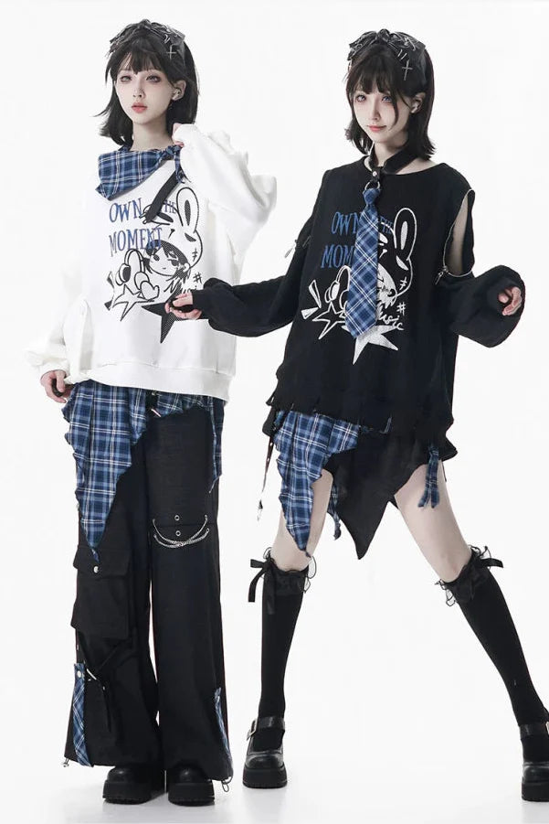 Off-shoulder Sweatshirt Top + Asymmetric Skirt + Long Pants