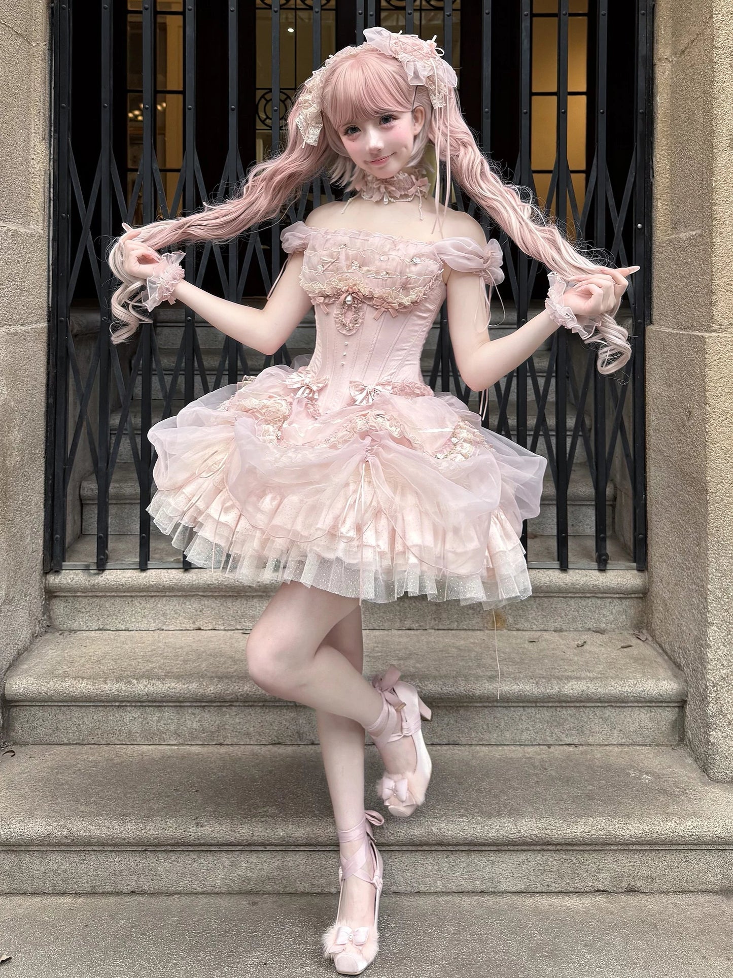 [pre-order Deadline: May 13] Pink Ballet Lolita Lace Ribbon Bustier Corset Top + Pull-up Tulle Tiered Skirt Set + Back Ribbon Train
