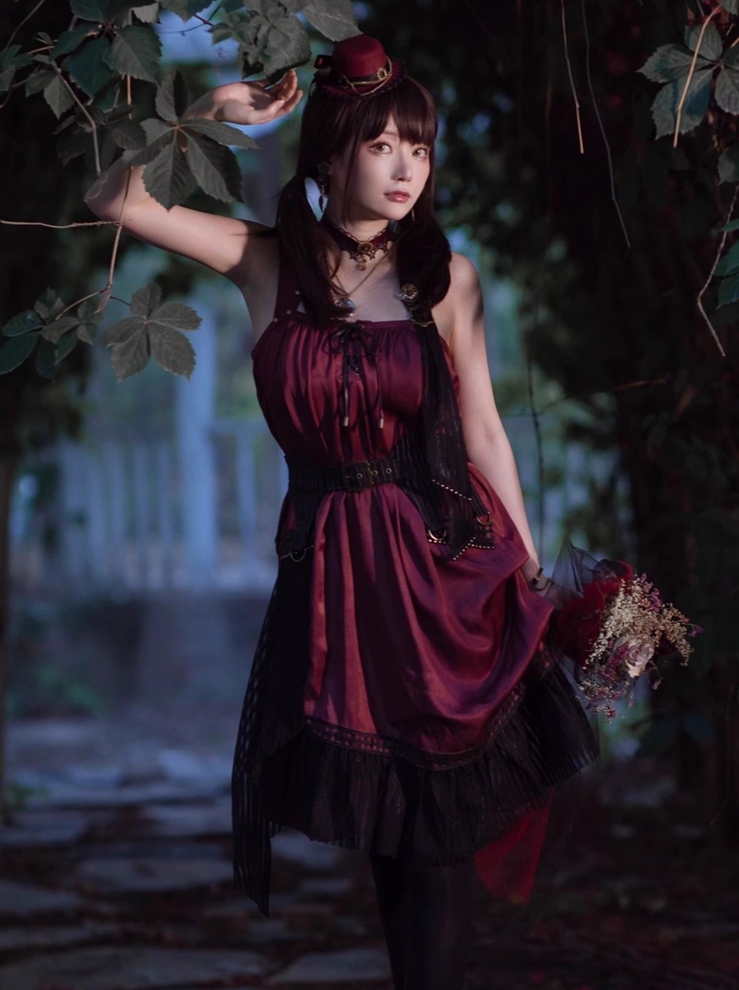 [pre-order] Wine Red Shoulder Strap Light Gothic Doll Asymmetric Dress