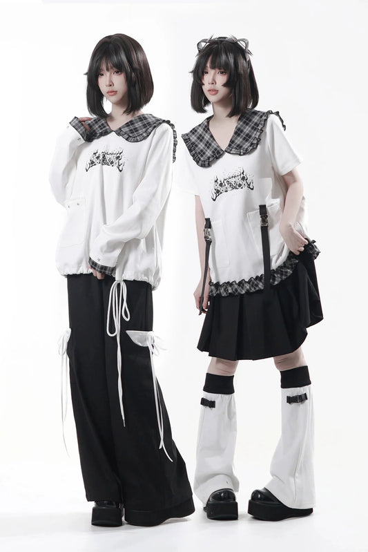 Lapel Checkered Collar Top + Skirt + Pants + Leg Warmers