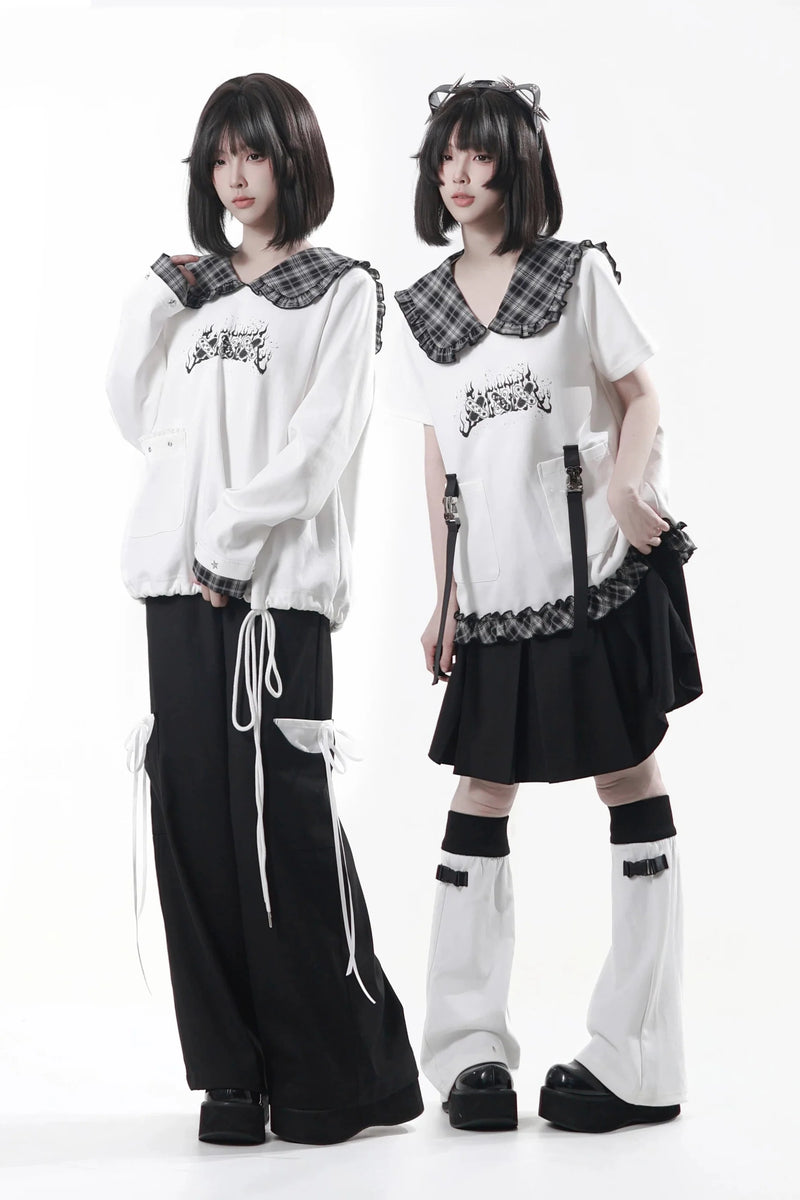 Lapel Checkered Collar Top + Skirt + Pants + Leg Warmers