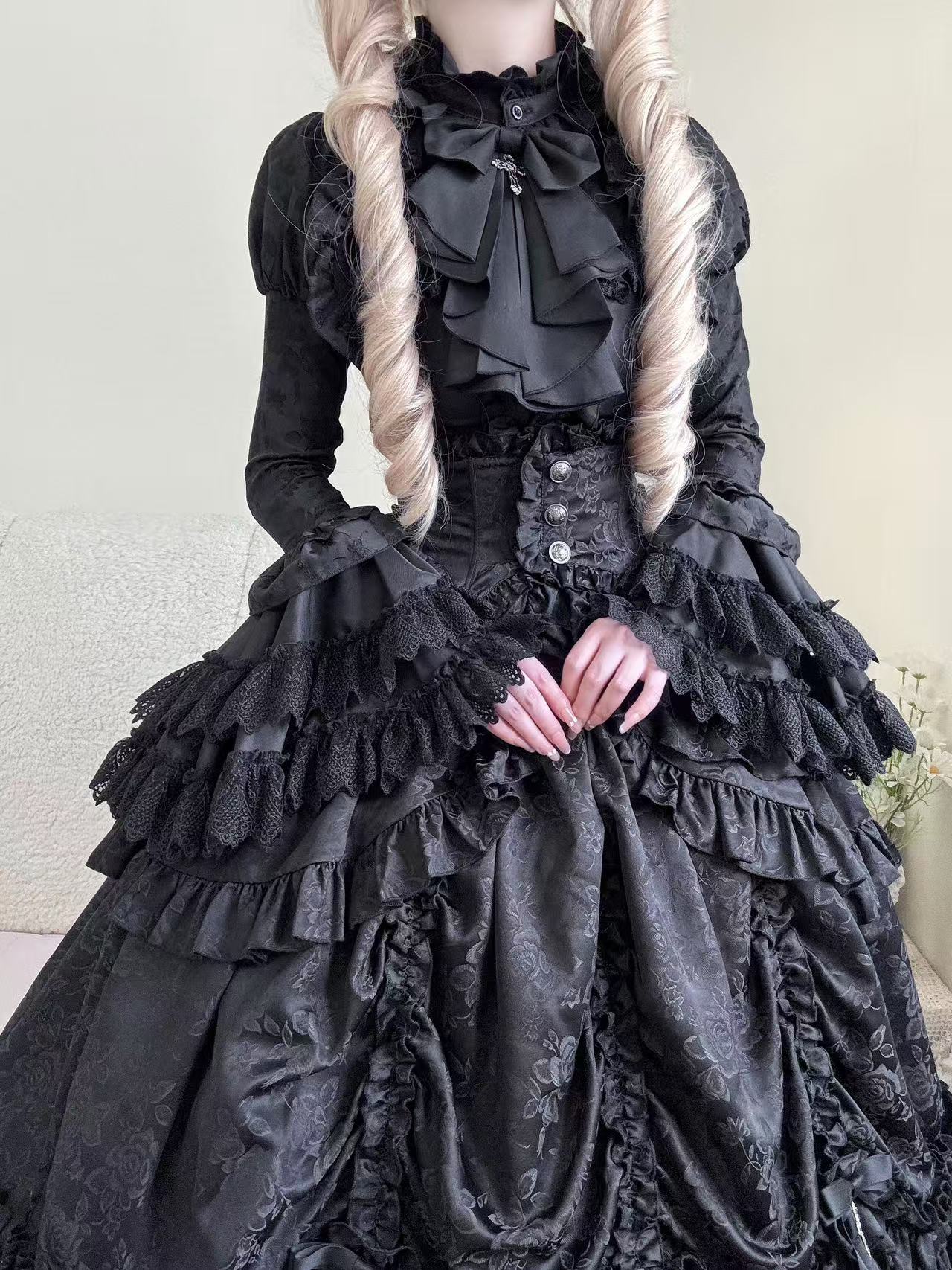 [pre-order Deadline: March 31] Cross Nocturne Gothic Dark Stripe Layered Top + Cross Rose Stripe Pull Up Skirt