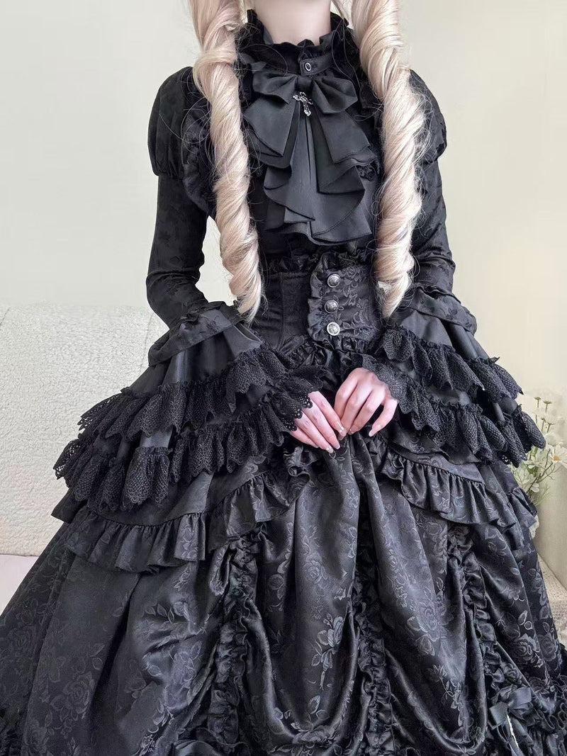 [pre-order Deadline: March 31] Cross Nocturne Gothic Dark Stripe Layered Top + Cross Rose Stripe Pull Up Skirt