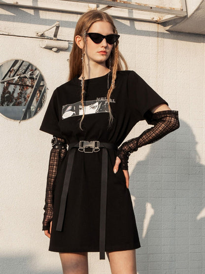 Sheer Long Sleeve Buckle Belt Dress-t