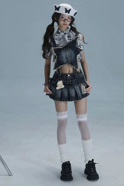 Y2k Star Denim Overall Skirt + Inner Top