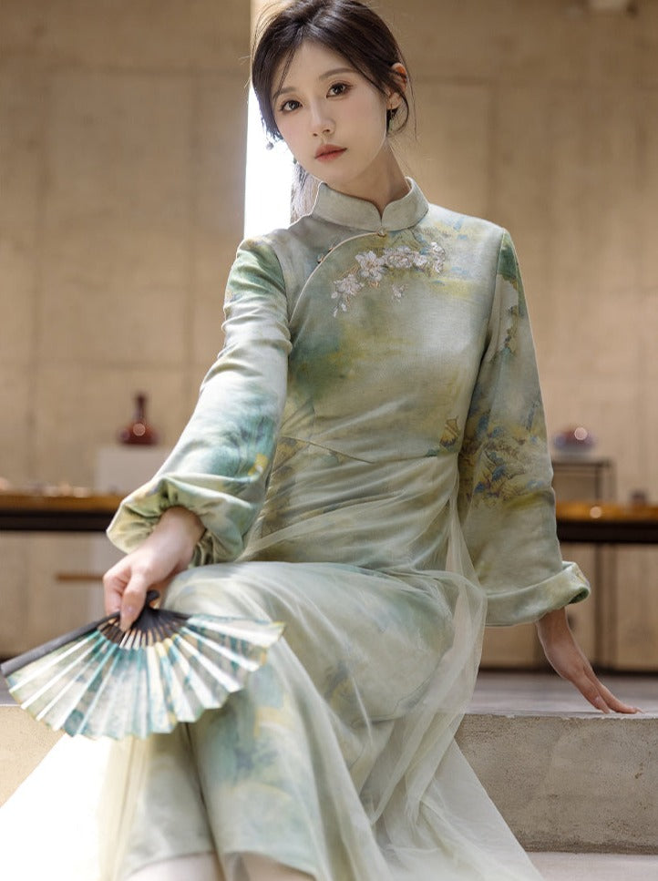 Marbled Green Half Neck Chinese-style Dress