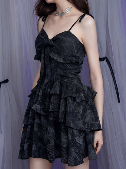Cool Black Print Chiffon Suspender Tiered Dress