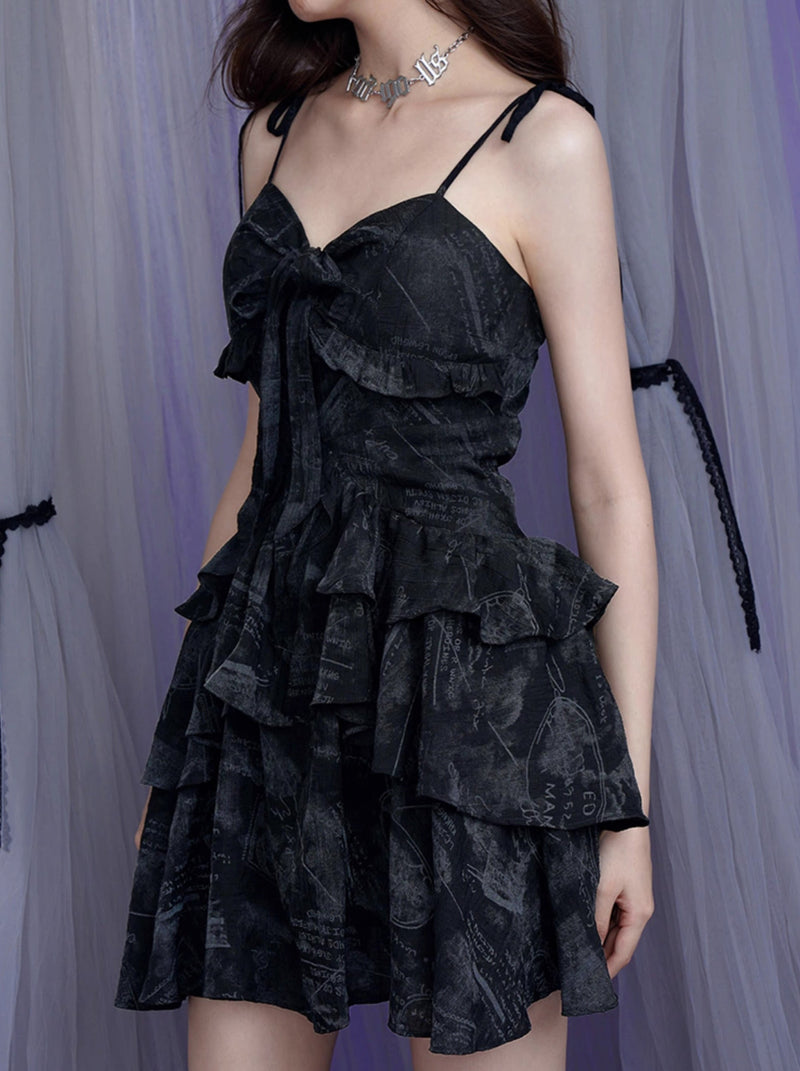 Cool Black Print Chiffon Suspender Tiered Dress