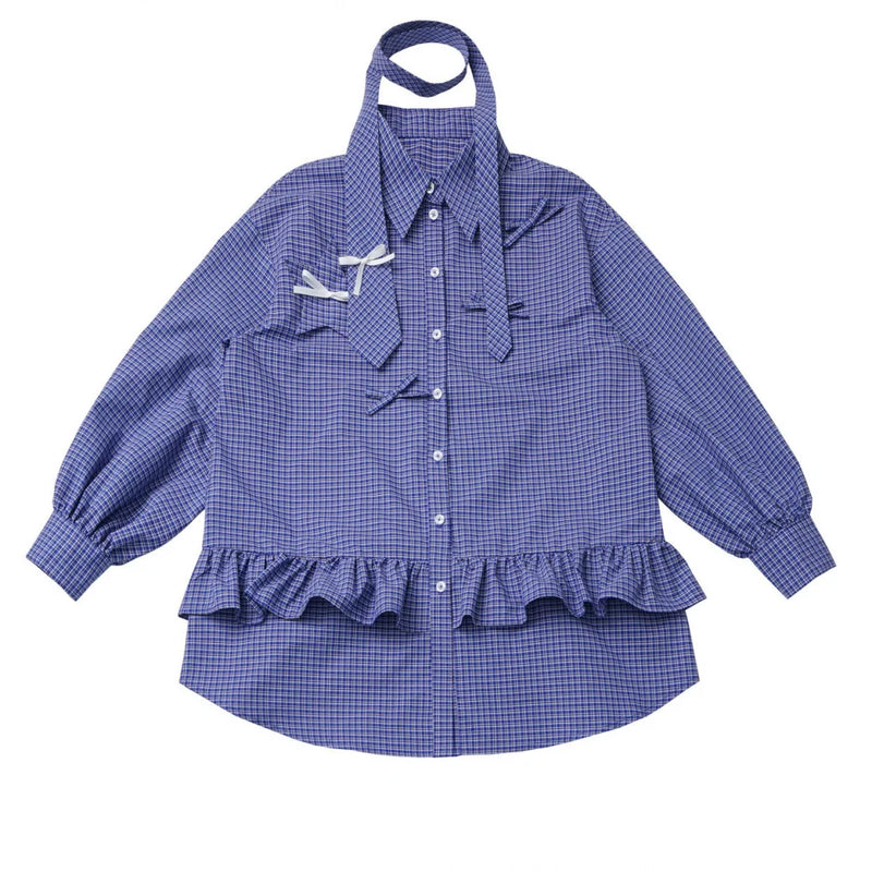 Plaid Tie Blouse Ursus Camisole + Skirt + Short Top