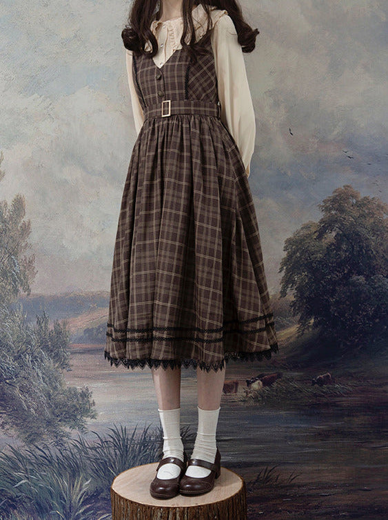 Forest Brown Plaid Belt V Neck Dress