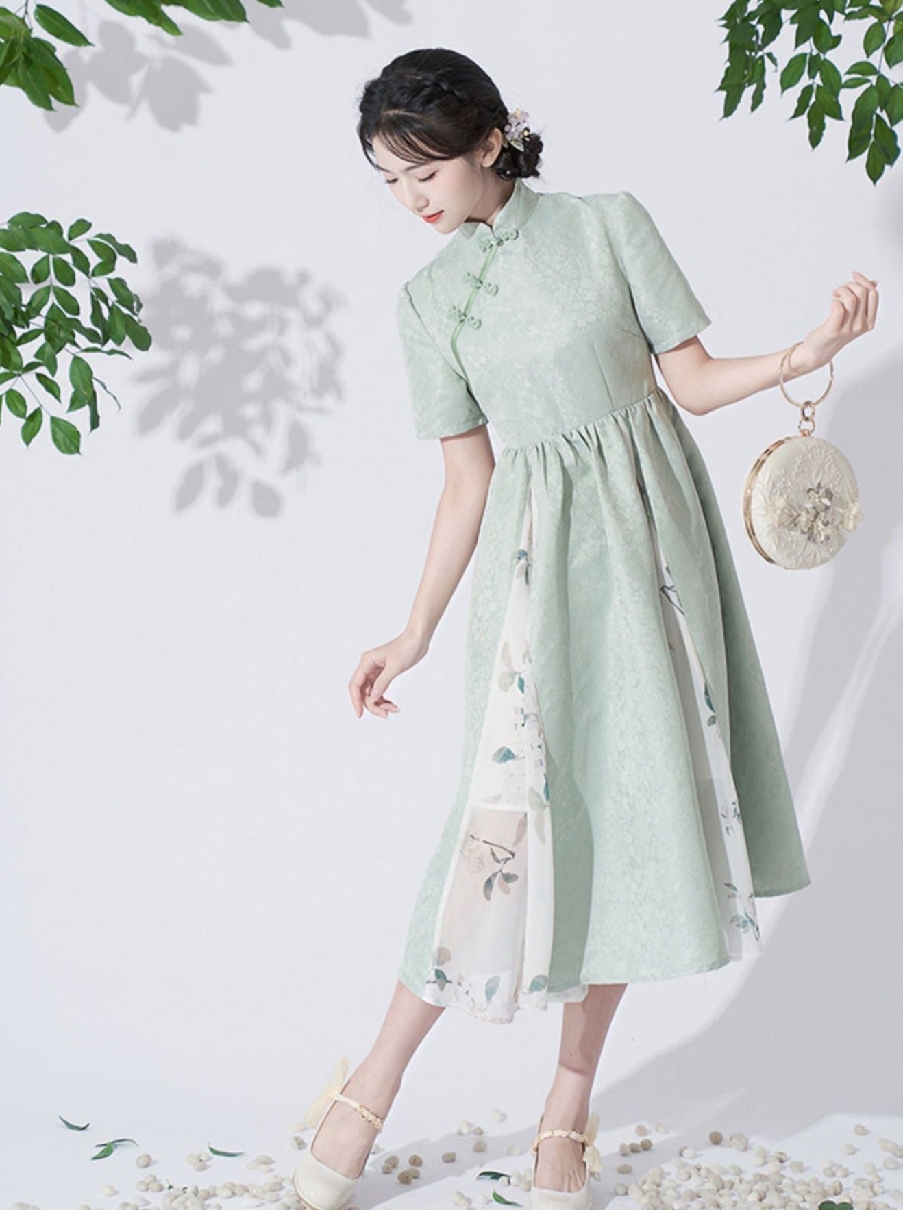 Retro Buckle Stand Collar High Waist Chinese-style Dress