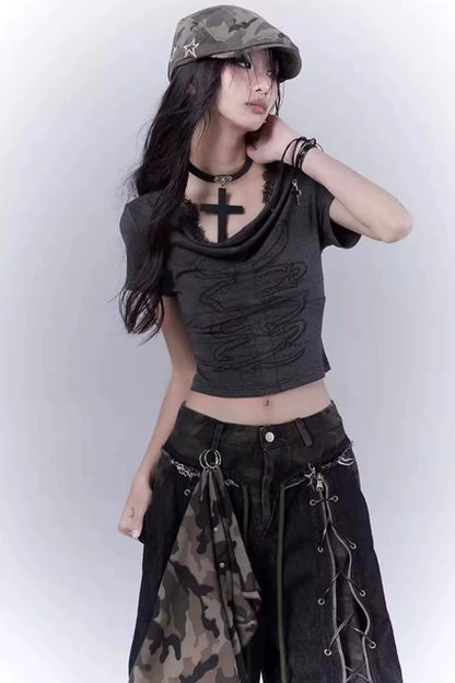 Dark Slim Lace Cross Top