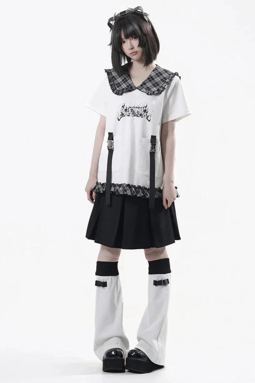 Lapel Checkered Collar Top + Skirt + Pants + Leg Warmers