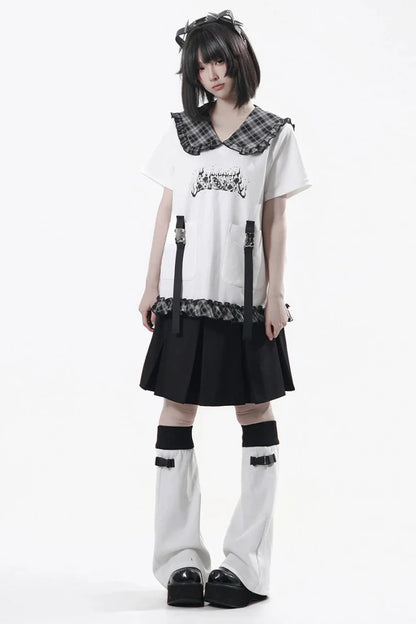 Lapel Checkered Collar Top + Skirt + Pants + Leg Warmers