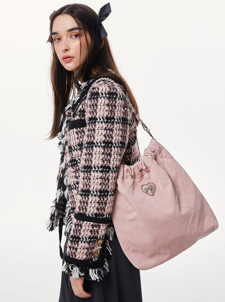Cool Metal Diamond Quilted Leather Chain Tote Bag