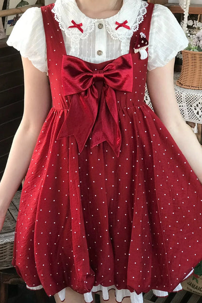 Ribbon Collar Top + Polka Dot Suspender Skirt